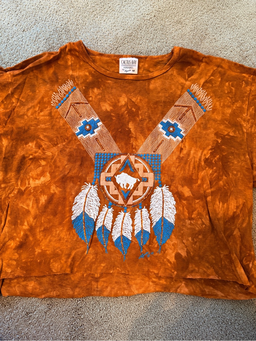 Vintage Orange Tie-Dye Tee with Blue and White Feather Medallion